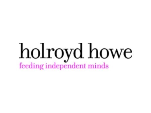 A logo with black serif text reading "Holroyd howe" and pink text underneath reading "feeding independent minds"