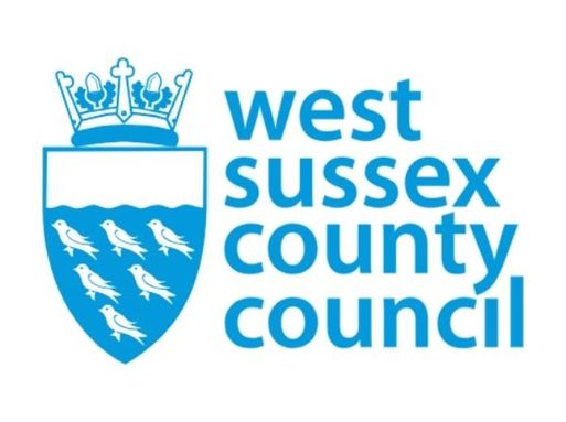 A logo showing a blue coat of arms with 6 birds inside and a crown on top. It is next to text that reads "West Sussex County Council".