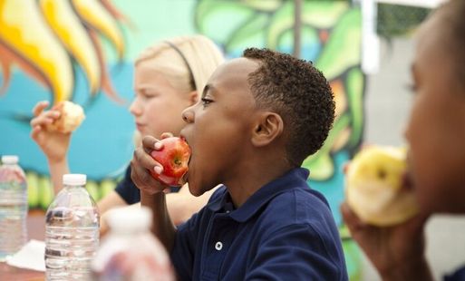 A young black boy in a blue polo shirt eating an apple