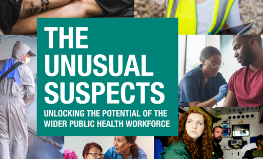 Public health workforce graphic featuring healthcare workers, emergency responders, and community support roles with title 'The Unusual Suspects: Unlocking the Potential of the Wider Public Health Workforce