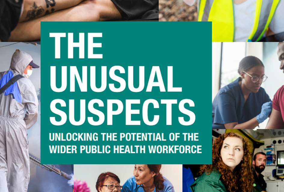 Public health workforce graphic featuring healthcare workers, emergency responders, and community support roles with title 'The Unusual Suspects: Unlocking the Potential of the Wider Public Health Workforce