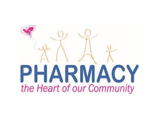 A logo showing a family of yellow stick figures and a heart-shaped balloon, with the text "Pharmacy, the heart of our community" underneath