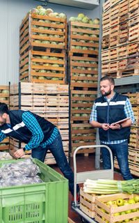 Two men in a warehouse inspect crates of vegetables.