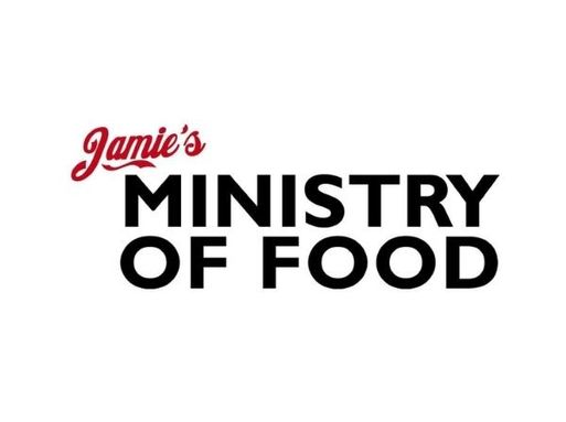 A logo with red curvy font reading "Jamie's" and bold black text underneath reading "Ministry of Food".