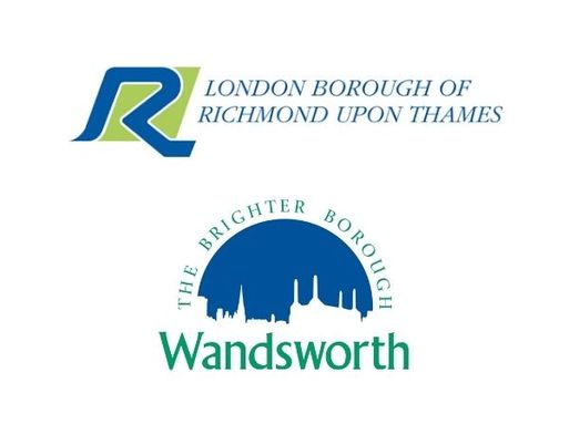 A logo showing a blue R on a green background next to text reading "London Borough of Richmond Upon Thames". Underneath is another logo showing the skyline of Wandsworth in a semi-circle with "Wandsworth" written underneath.